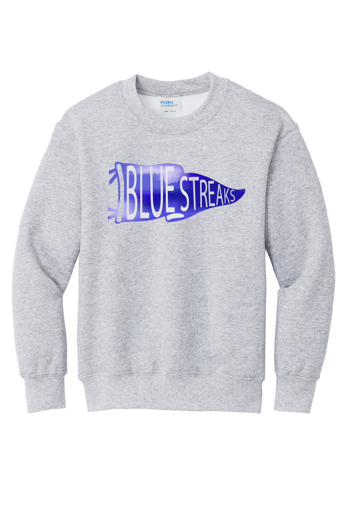 Ash Grey - Lake Blue Streaks Pennant Youth Crewneck Sweatshirt