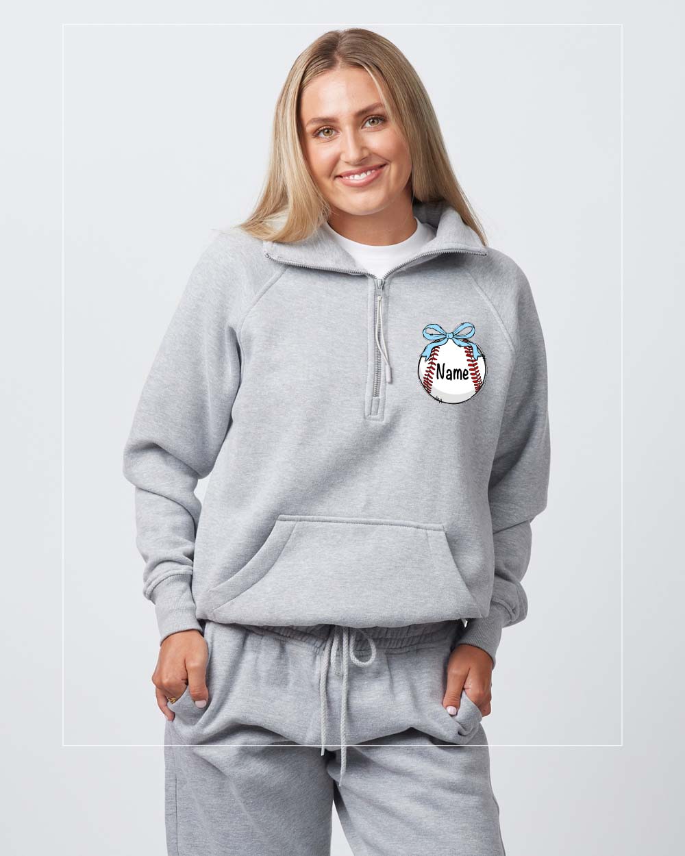 Baseball Graphic Womens "Lulu Dupe" 1/4 Zip Sweatshirt - Ash Grey