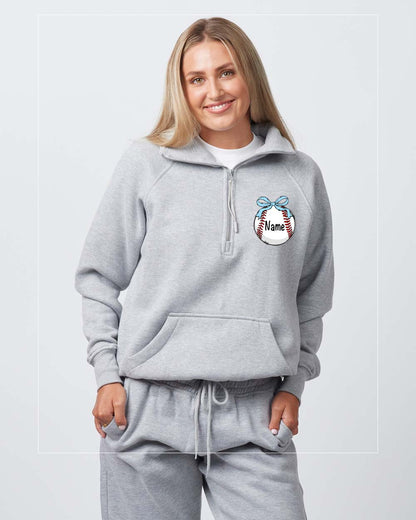 Baseball Graphic Womens "Lulu Dupe" 1/4 Zip Sweatshirt - Ash Grey